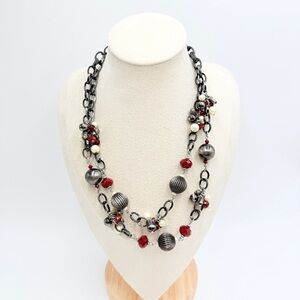 Vintage Premier Designs Red & White Beaded Silvertone Multi-Strand Necklace